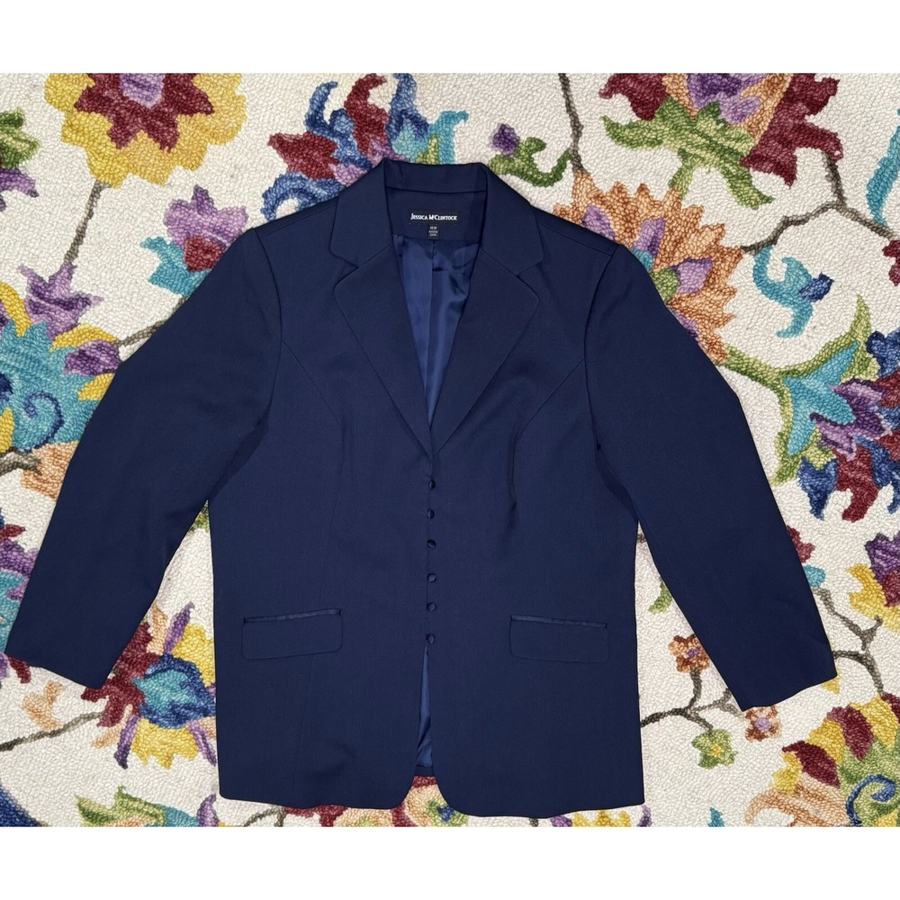 Jessica McClintock Navy Blue Blazer Women's 16W Petticoat Look Neutral Layering